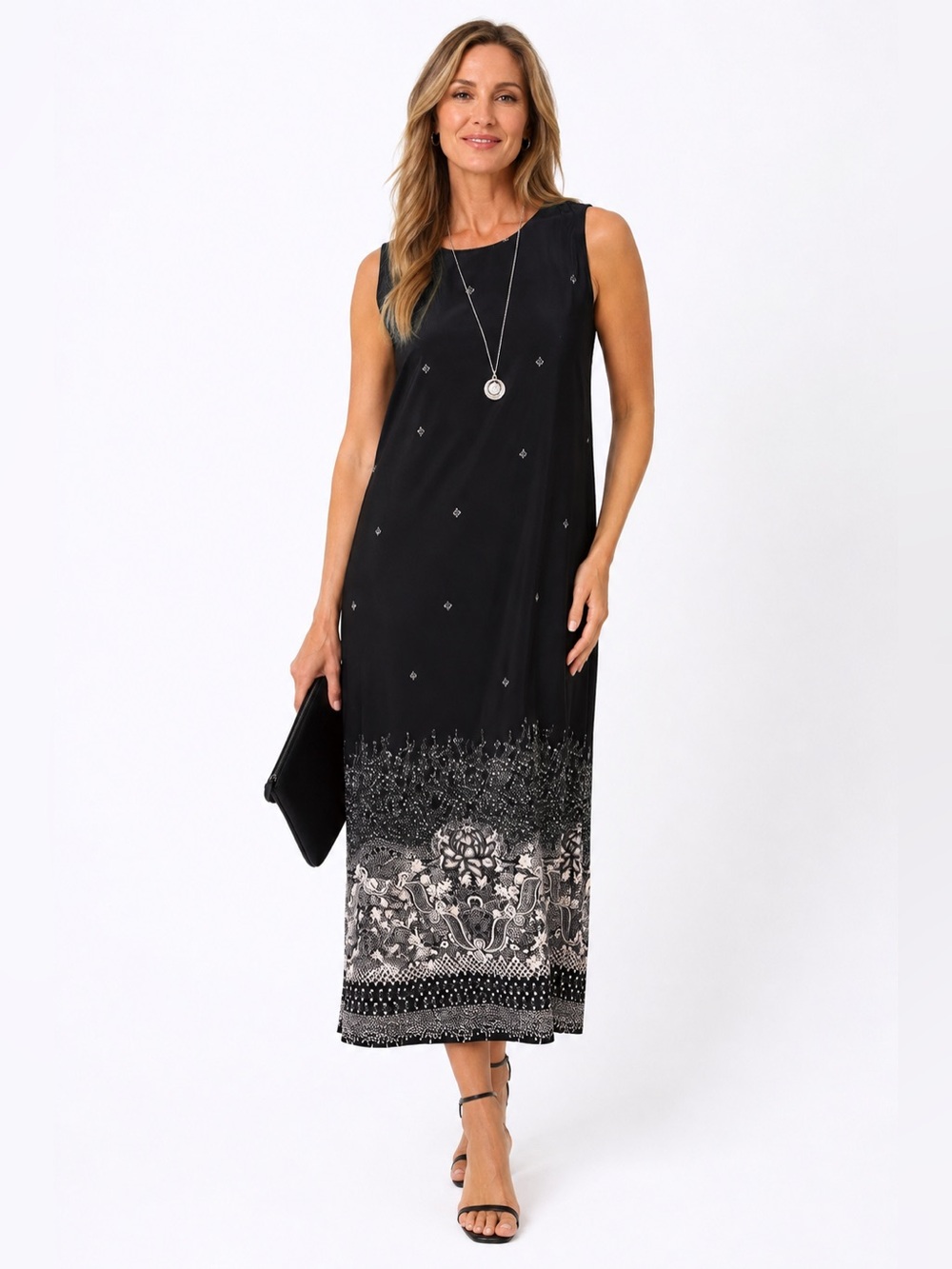 (Y2K) J. Barclay Tailored Print Sleeveless Maxi Dress - PTP 18